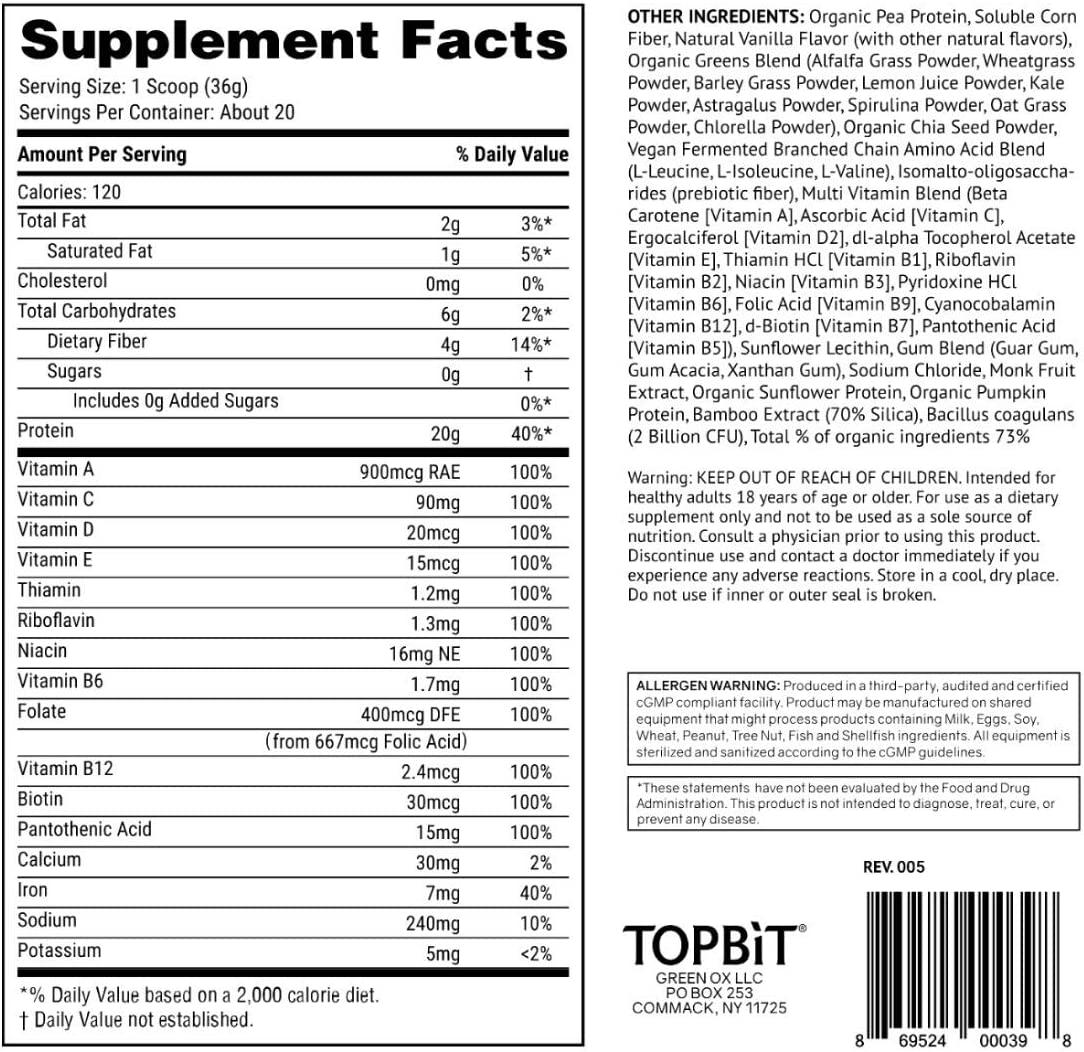 TOPBiT AllinOne Plant Protein Powder, Vanilla Flavor Vegan Protein