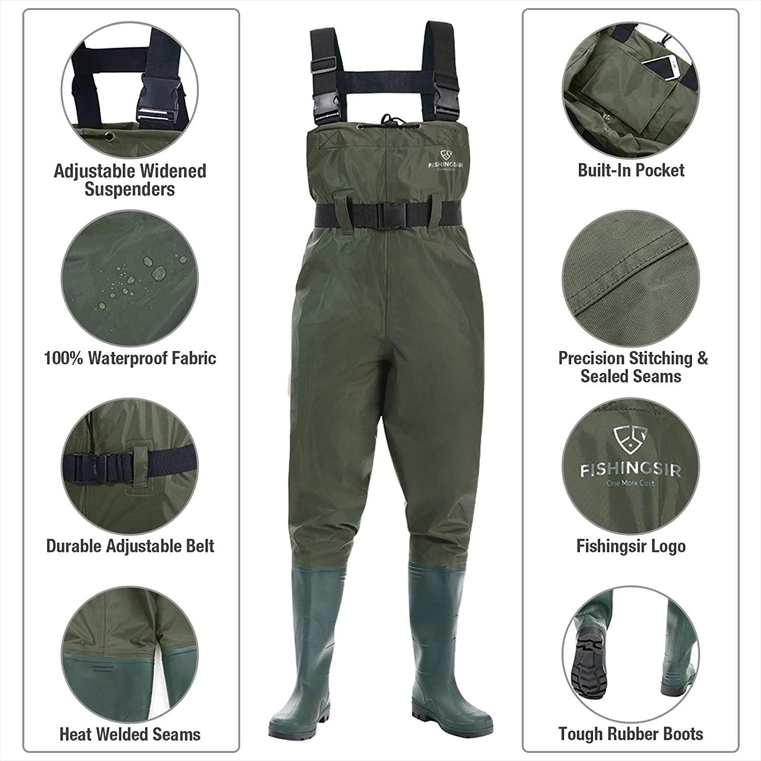FISHINGSIR HISEA Fishing Waders for Men with Boots Womens Chest Waders  Waterproof for Hunting with Boot Hanger Green M8/W10