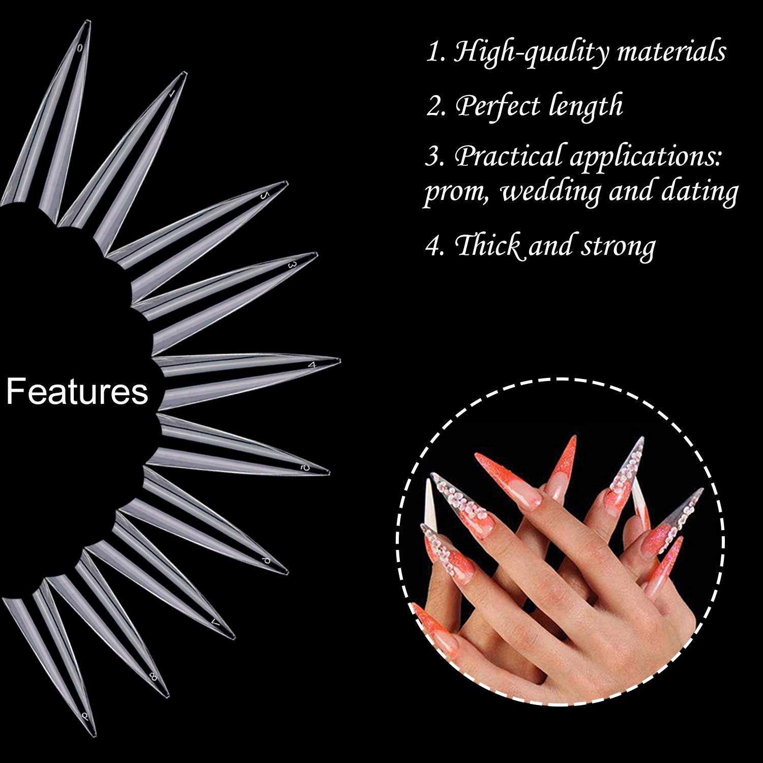 Crystal AB 3D Nail Art, Cosics 100PCS Full Cover Long Nails Stiletto Clear  Tips with Storage