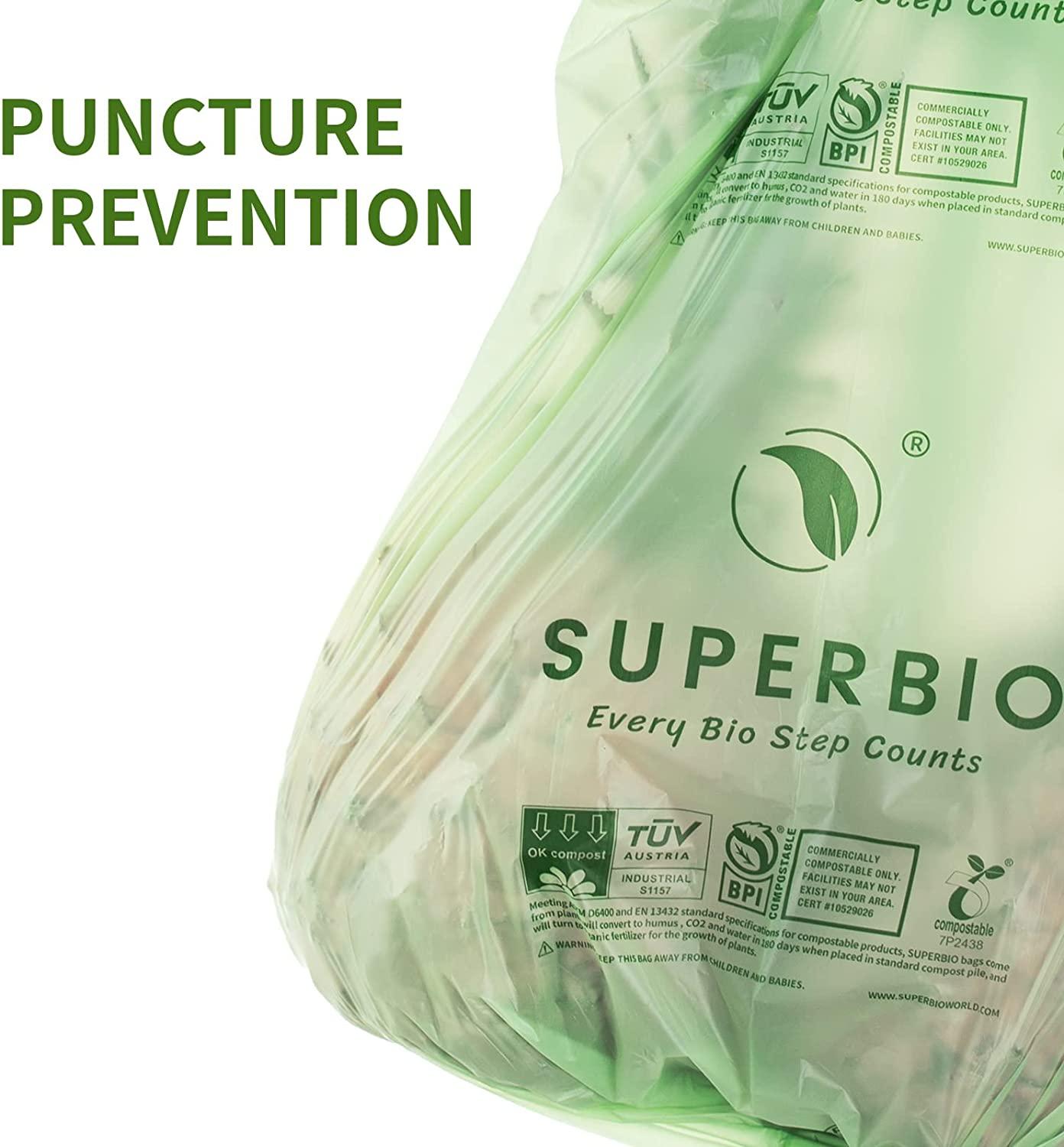 SUPERBIO 1.6 Gallon Compostable Handle Tie Garbage Bags, 50 Count, Small Trash Bags with Handles for Countertop Bin US BPI & Europe Ok Compost