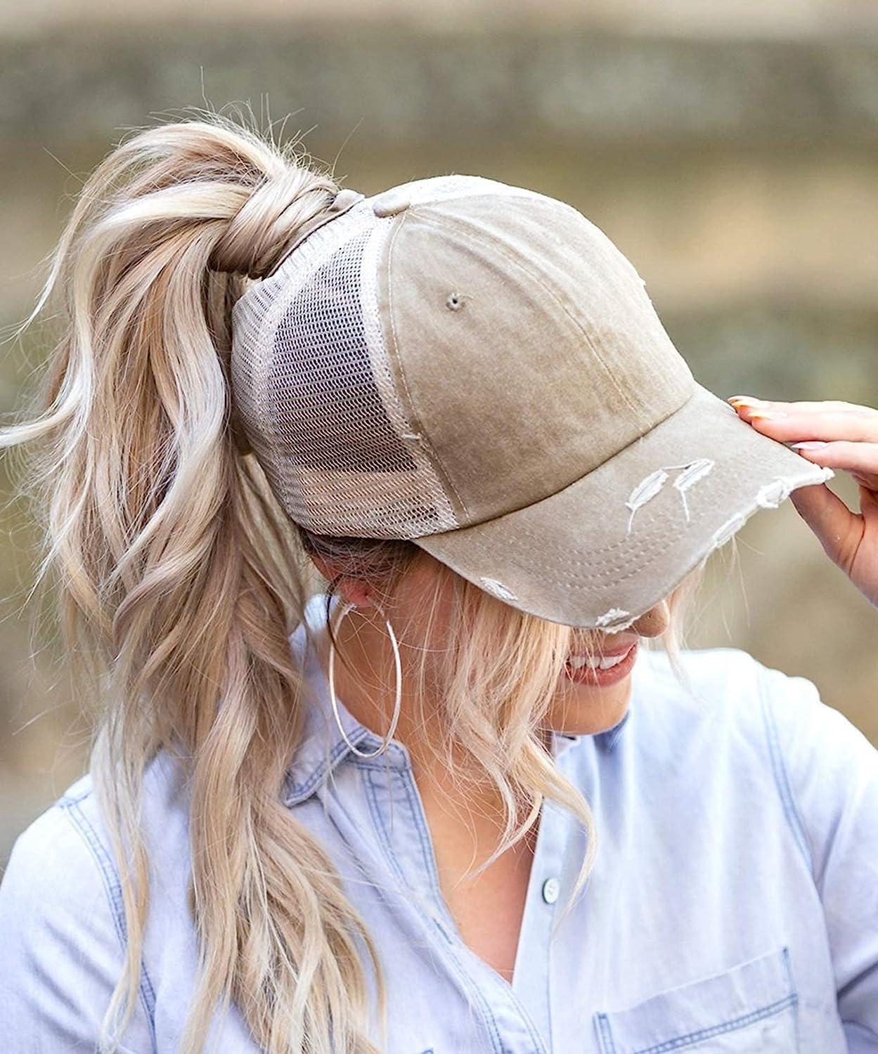 ProMindFun Womens Ponytail High Messy Bun Hats Distressed Baseball Caps  Unconstructed Washed Dad Hat Girls Trucker Ponycaps 03-light Khaki