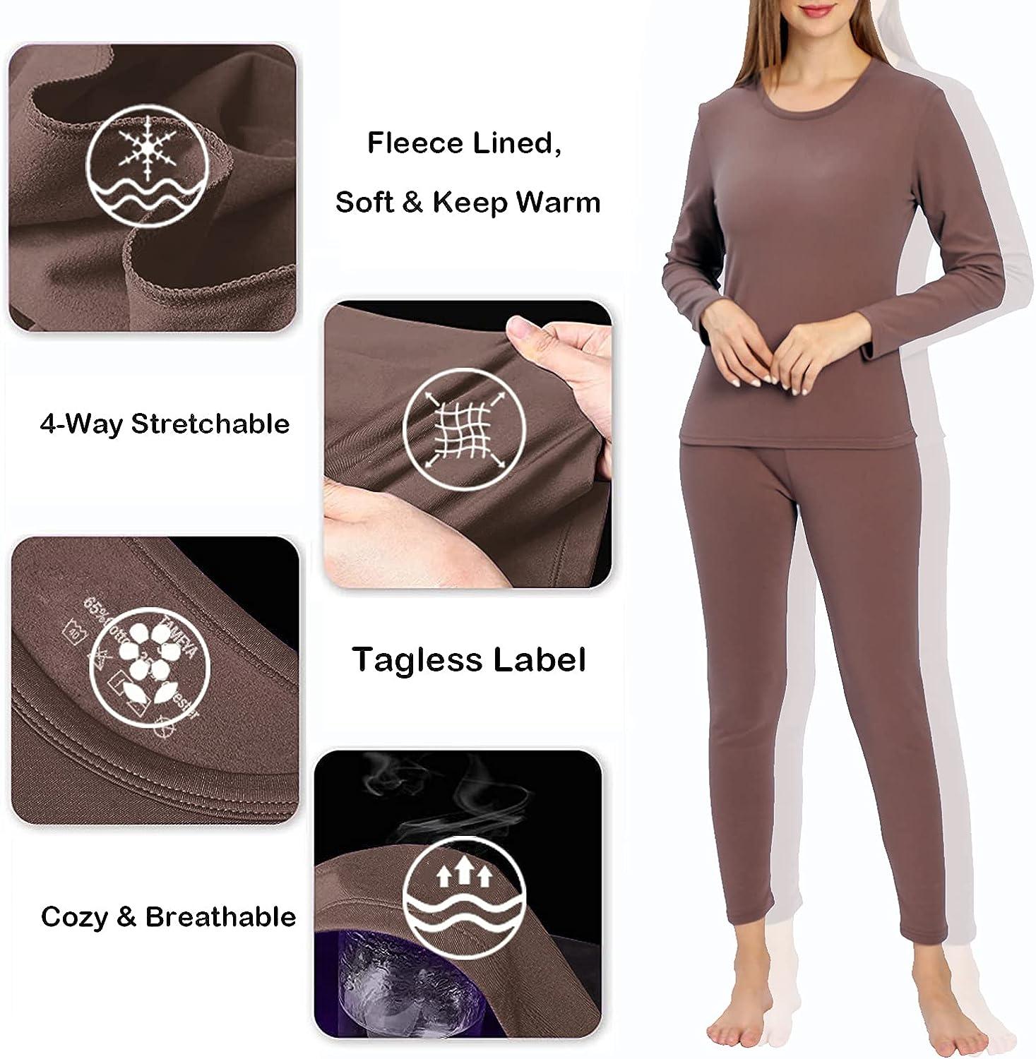 TAMEYA Ultra Soft Thermal Underwear for Women, Long Johns 2 Set with Fleece  Lined,Cold Weather Base layer Warm Top & Bottom Coffee Small