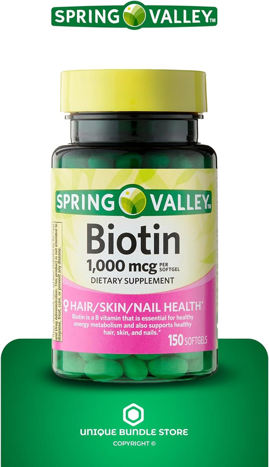 Spring Valley Biotin 1000MCG Biotin Softgels Hair Skin Nails Supplement 150 Count + 7 Day Pill