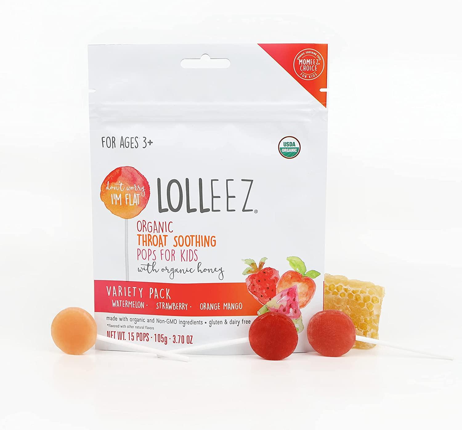 Lolleez Organic Sore Throat Soothing Pops for Kids Strawberry Orange