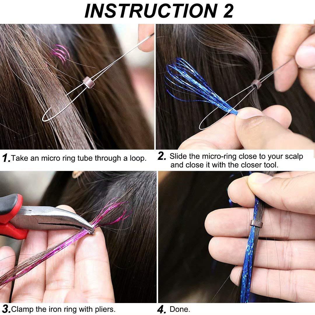 Hair Tinsel Strands Kit 12 Colors 2400 Strands Tinser Hair Extensions  Pliers Pulling Hook Bead Device Tool Kits Hairpin 200pcs Black Brown  Silicone Lined Micro Rings for Girls Women Fashion 12 Colors (120cm 2400  Strands)