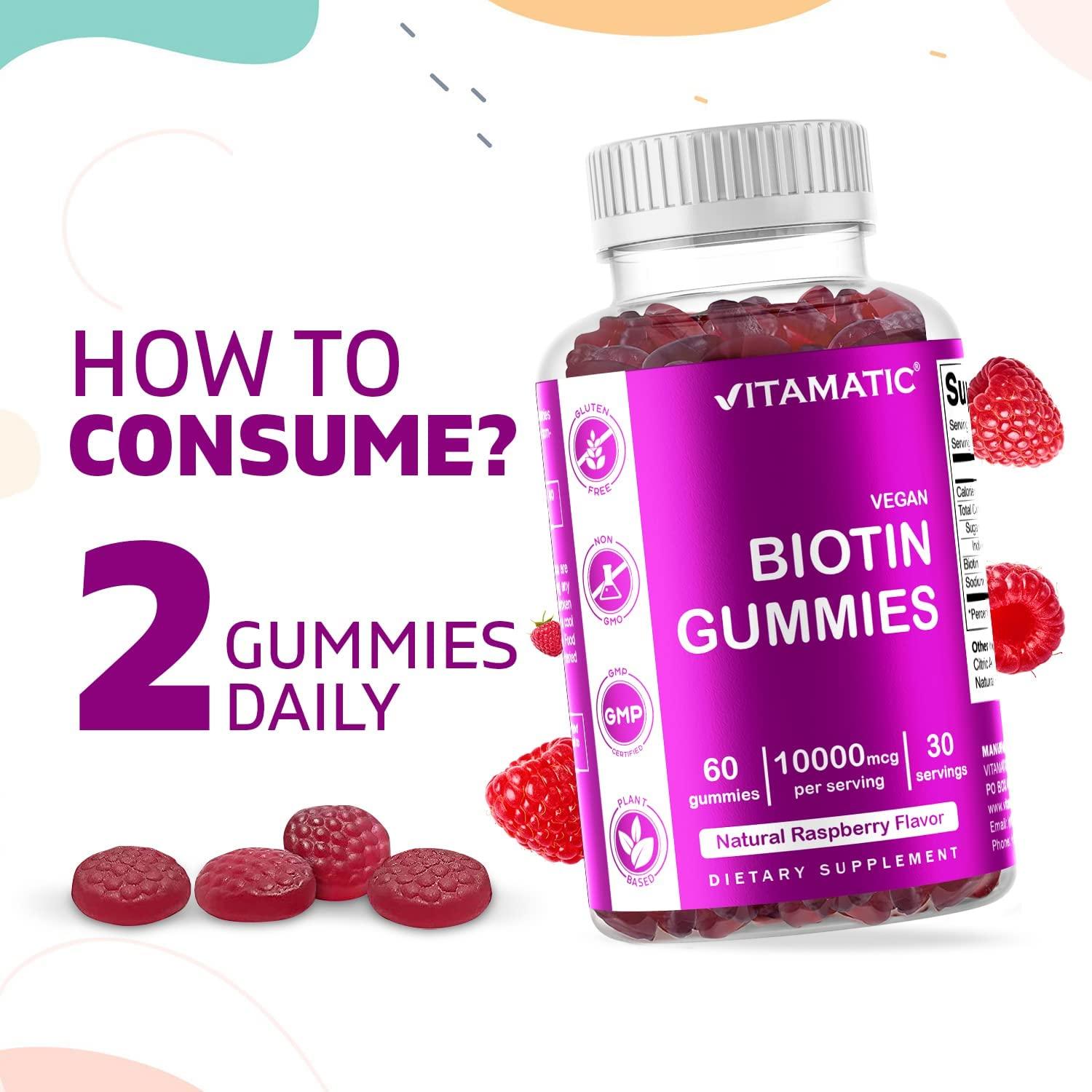 Vitamatic Biotin Gummies 10000 mcg for Stronger Hair Skin Nails 60