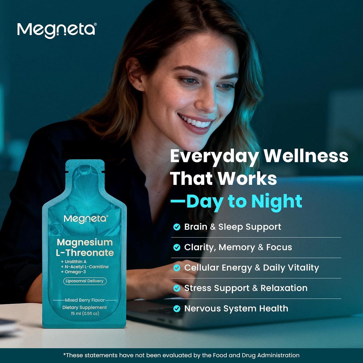 MEGNETA Magnesium L-Threonate Liquid, 2000mg Magnesium L-Threonate, Liposomal for High Absorption, with Urolithin A, N-Acetyl L-Carnitine & Omega-3, Brain, Memory, Focus & Sleep Support, 30 Pouches | Buy Now with Express International MEGNETA Magnesium L-Threonate Liquid, 2000mg Magnesium L-Threonate, Liposomal for High Absorption, with Urolithin A, N-Acetyl L-Carnitine & Omega-3, Brain, Memory, Focus & Sleep Support, 30 Pouches | Buy Now with Express International