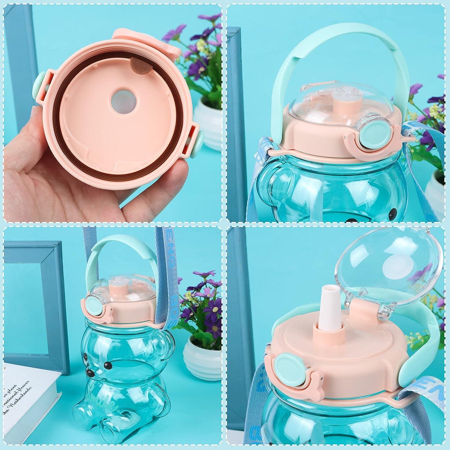 Kawaii Bear Straw Bottle, Bear Water Bottles with Adjustable Shoulder Strap  Cute Stickers,Portable Drinking Cup for Girls Boys School Office Travel