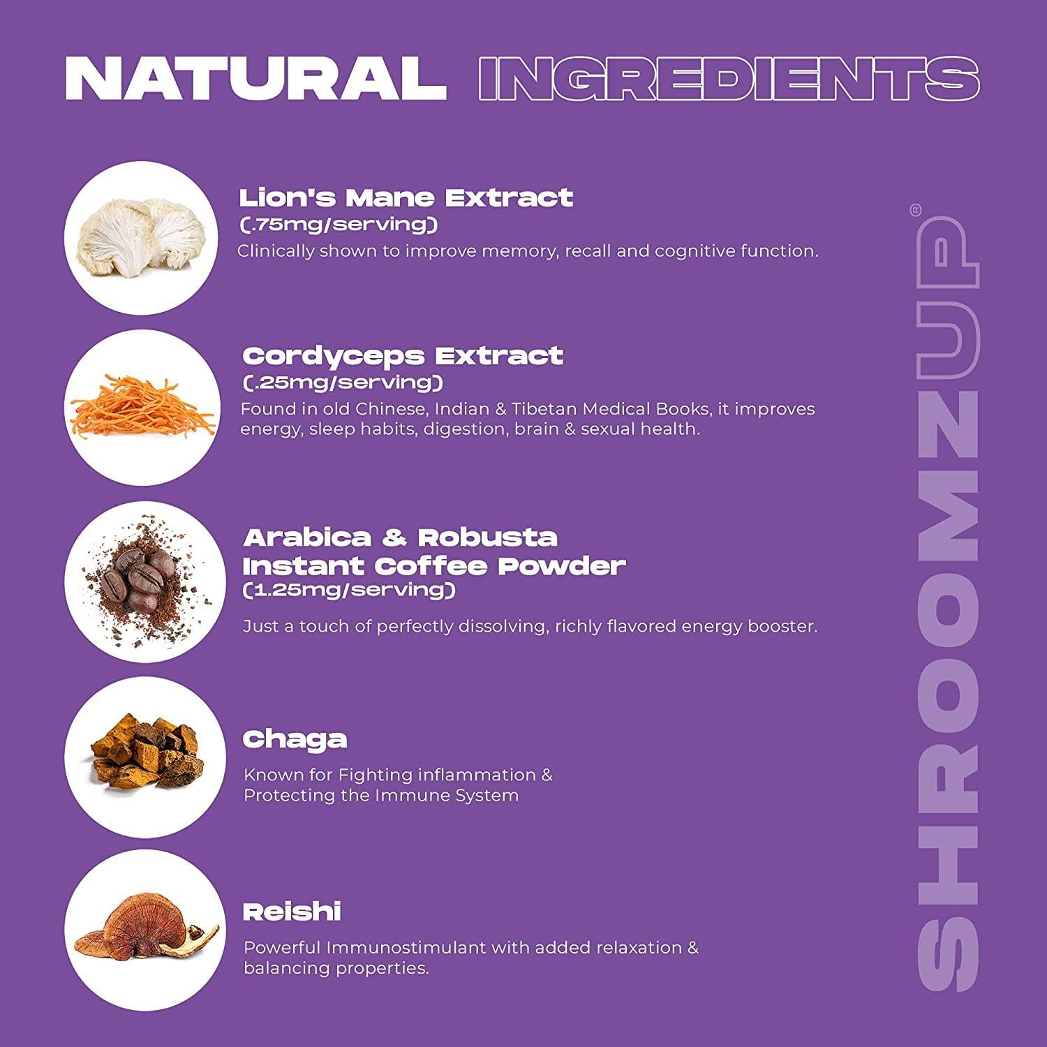 ShroomzUp Mushroom Coffee Instant 15 Pack with Lions Mane, Reishi