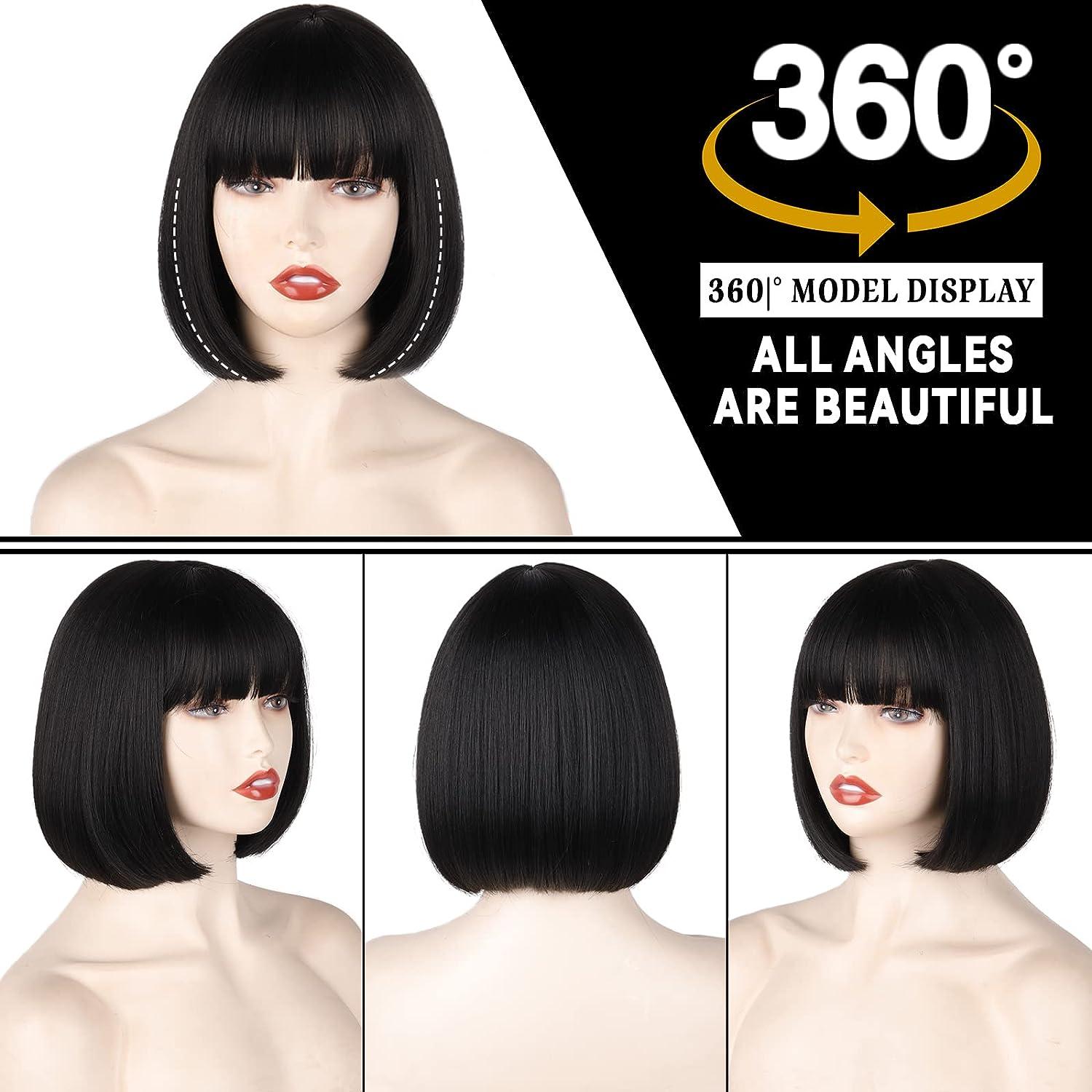 その他 WW BOB WERD Black Short Bob Wig with Bangs - 10 Inch Straight