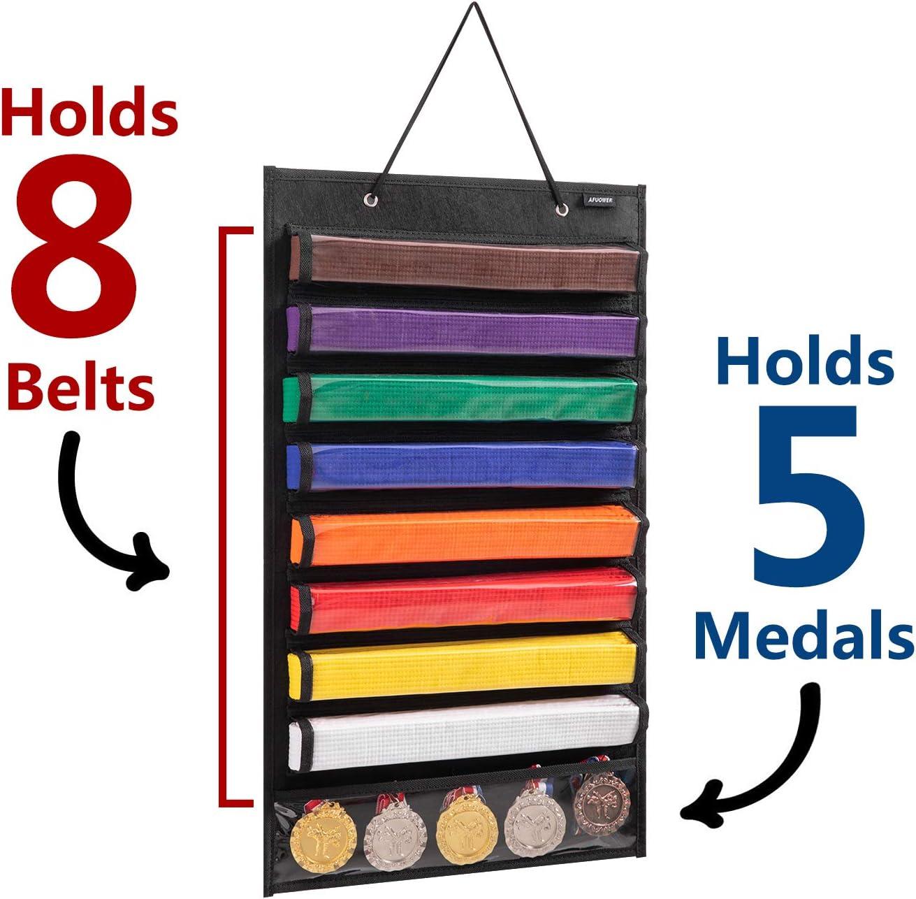AFUOWER Martial Arts Belt Holder Hanging Display for 8 Belts, Hold 5