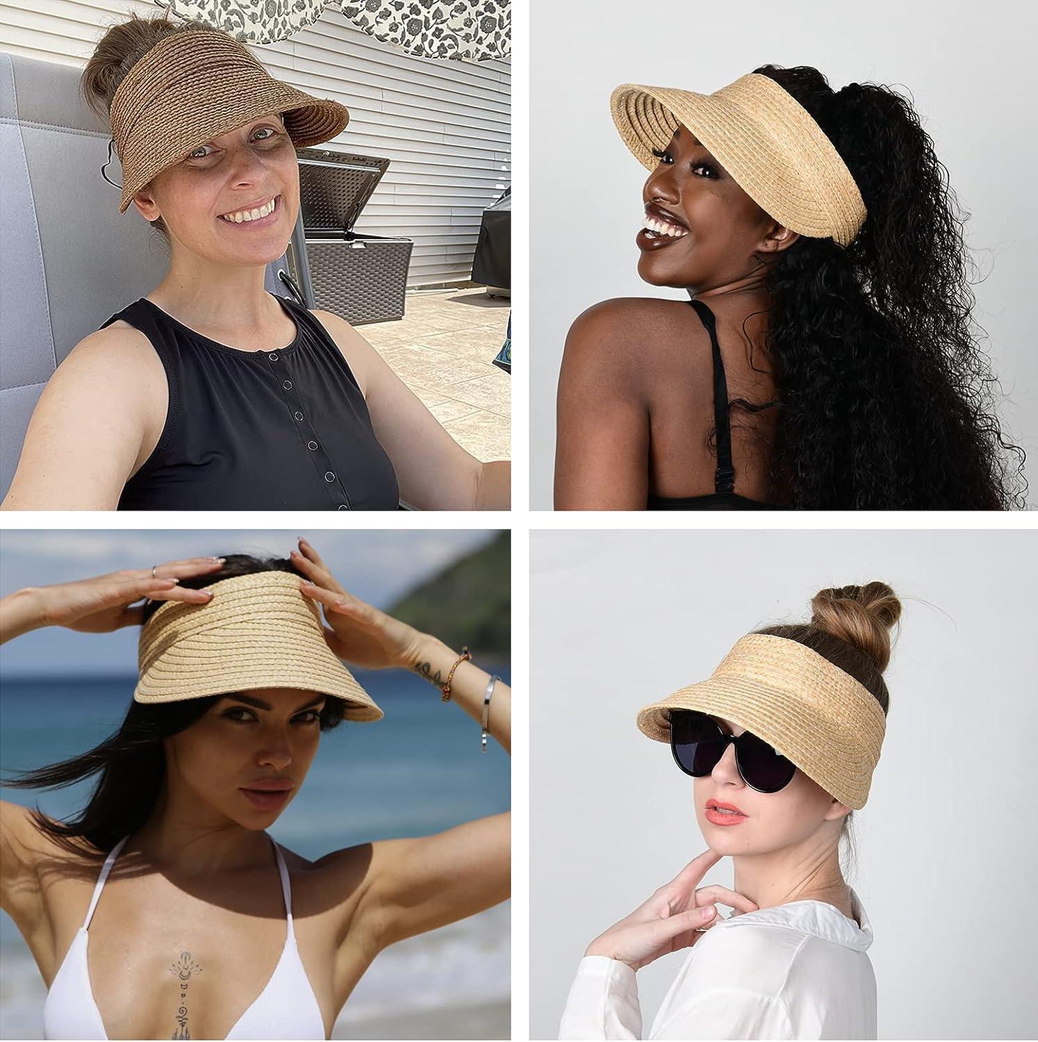 Sun Visor Hats for Women Wide Brim Straw Visors Womens Foldable Beach Visors  Summer Ponytail Beach Hat at  Women's Clothing store