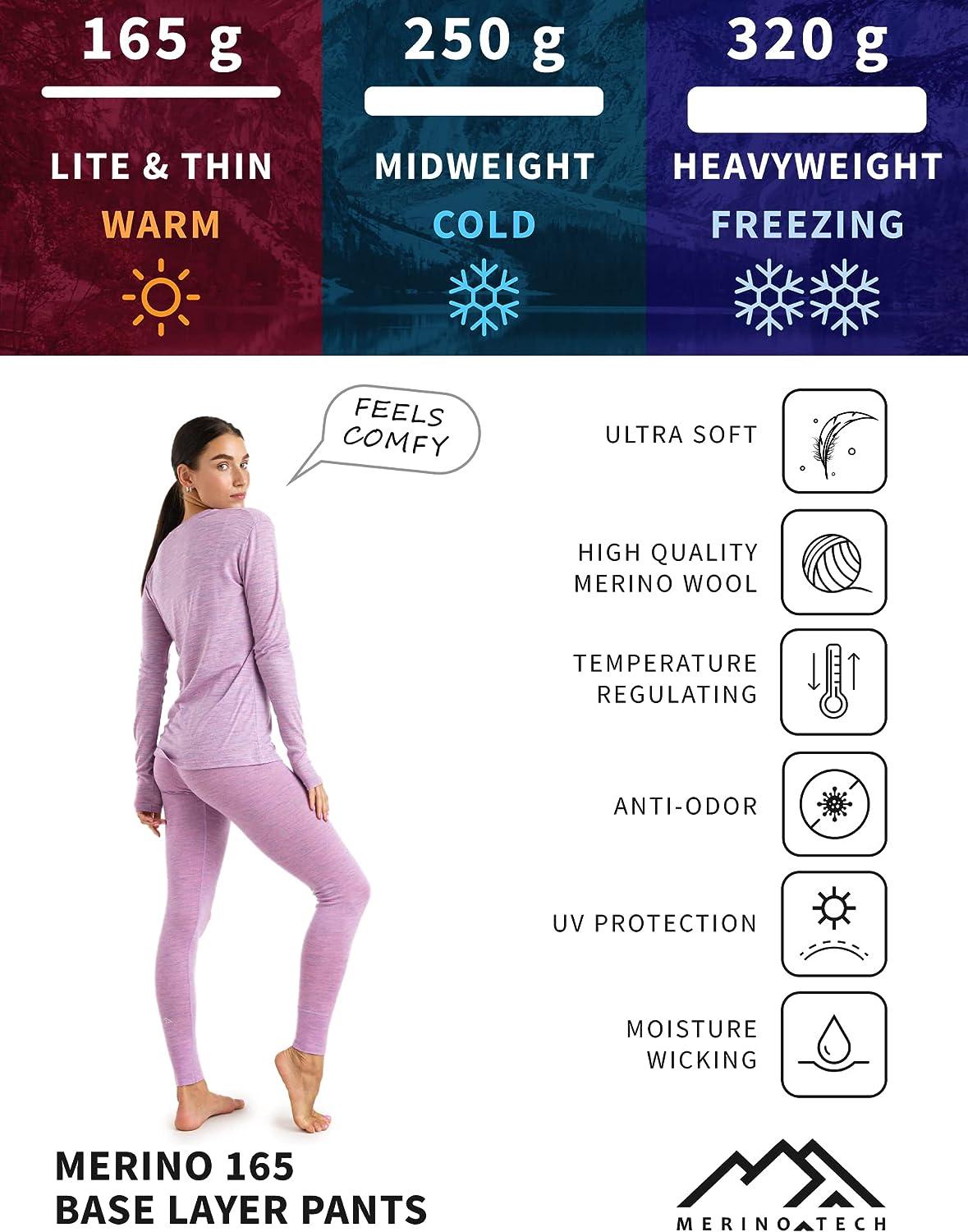Merino Wool Base Layer Women Pants 100% Merino Wool Leggings Thermal  Underwear Bottoms Light, Mid, Heavyweight + Wool Socks Medium 165 Pink  Heather