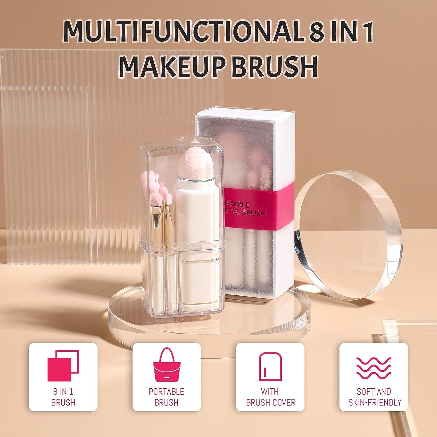 Retractable Brush For Travel Makeup - 8 in 1 Travel Loose Powder Brush,  Angled Brush, Eyeshadow Brush, Beauty Sponge, Foundation Blending Lip Brush  Portable Makeup Brushes Sets Pink
