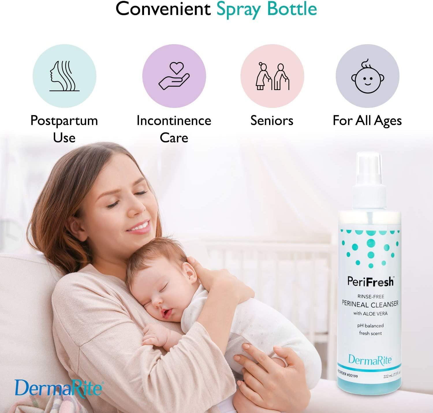 PeriFresh No Rinse Perineal Cleanser Spray, 6 Pack 7.5 oz Peri Bottle Mild Formula with Aloe