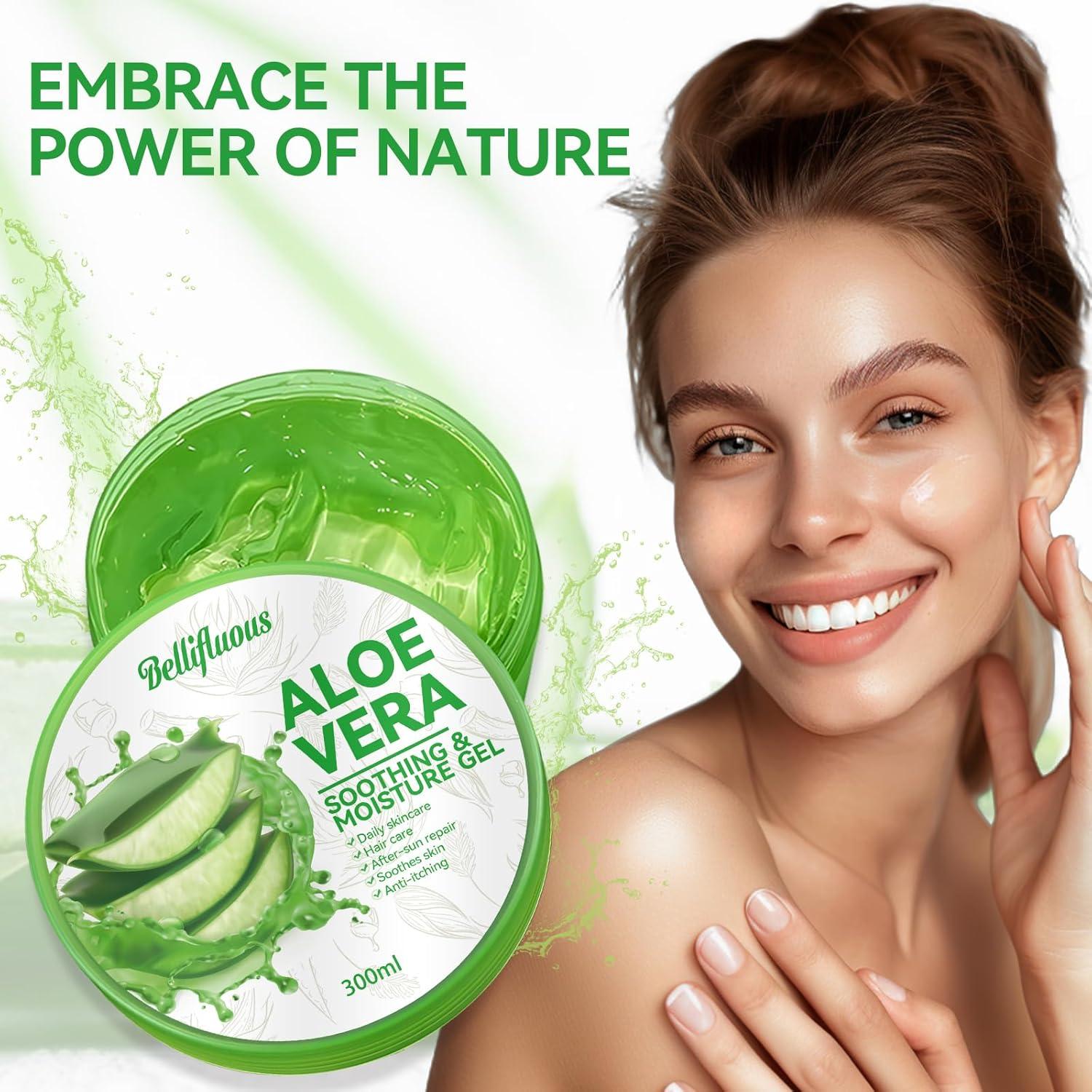 Bellifluous Aloe Vera Gel Pure Aloe Vera Gel 300ml Soothing & Hydrating  Aloe Vera Cream Gel Moisturiser for Face Hair Skin After Sun Care Sunburn  ...