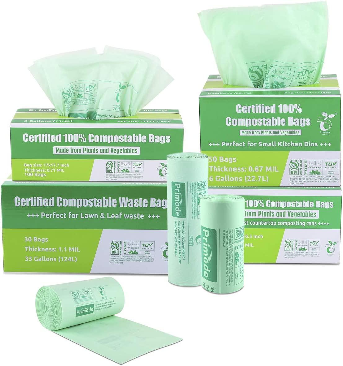 Primode 100 Compostable Trash Bags, 3 Gallon Food Scraps Yard Waste