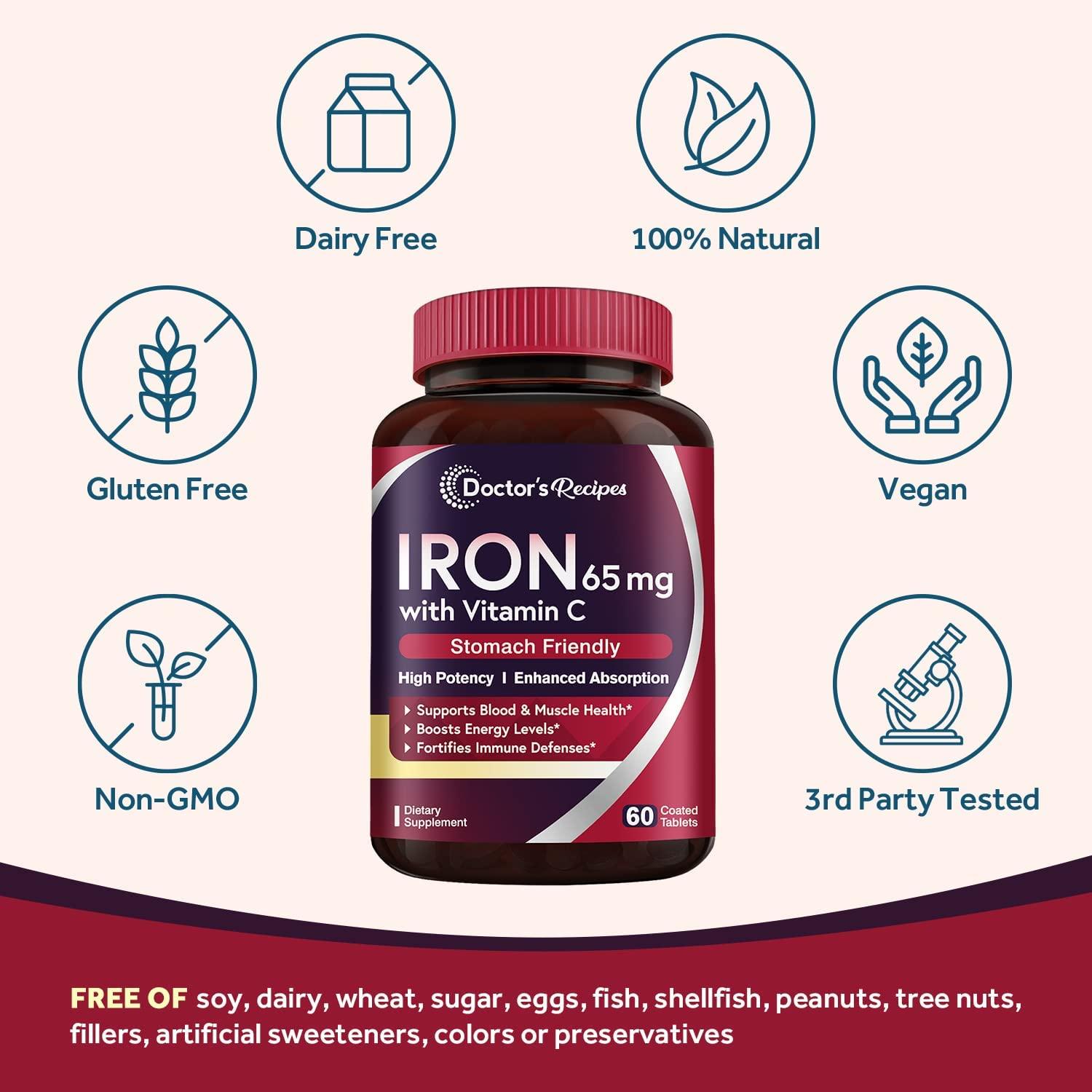Doctor's Recipes Iron 65mg Carbonyl Iron with Vitamin C Maximized