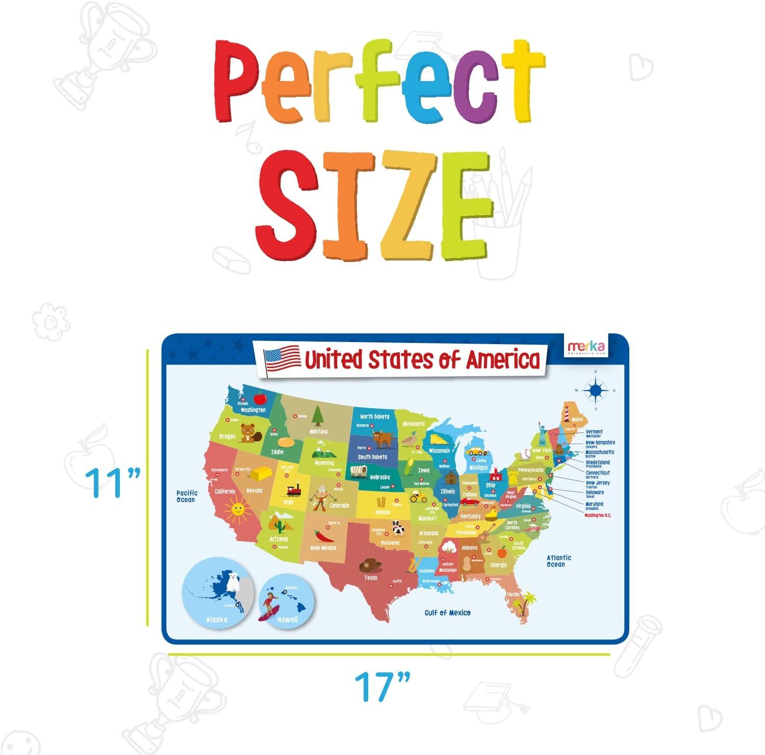 merka Kids Silicone US Geography Map Placemat Reusable US Map with