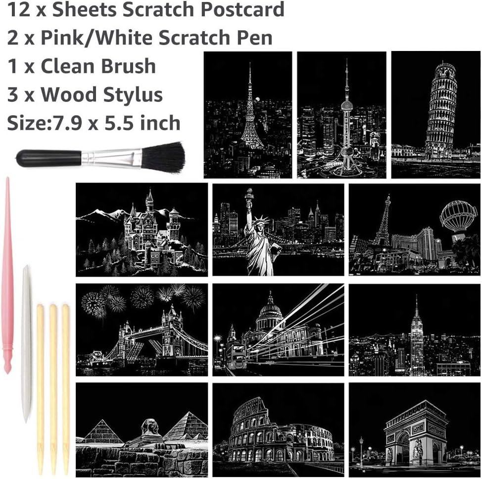 Scratch Art for Adults Kids, Rainbow Painting Night View Scratchboard(A4),  Crafts Set: 8 Sheets Scratch Cards with 6 tools in Bag - Fireworks, Big
