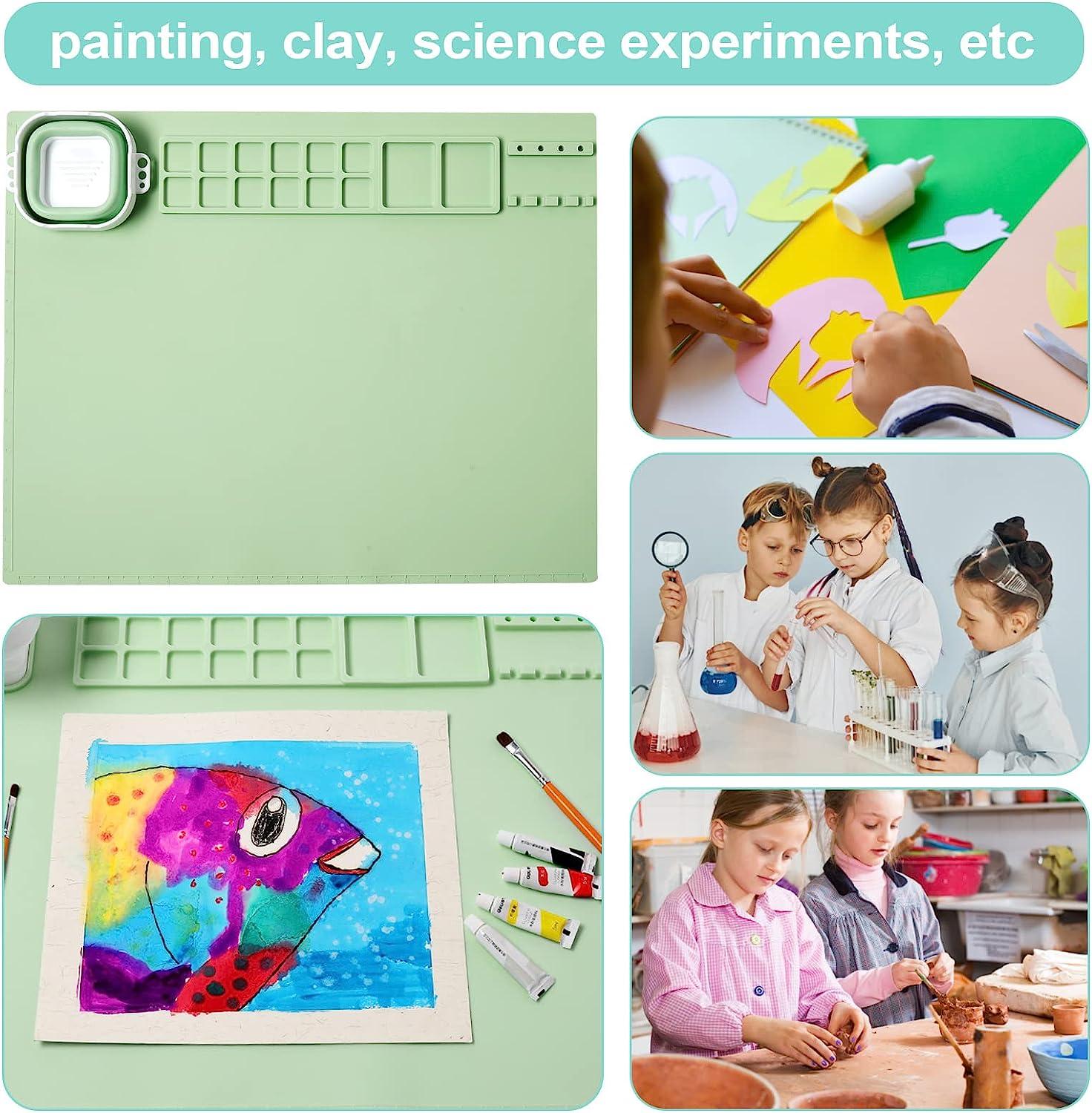 AWOKE Silicone Painting Mat - 20X16 Silicone Art Mat with 1 Water Cup for  Kids - Silcone Craft Mat has12 Color Dividers - 2 Paint Dividers (Green)  Green 20X16