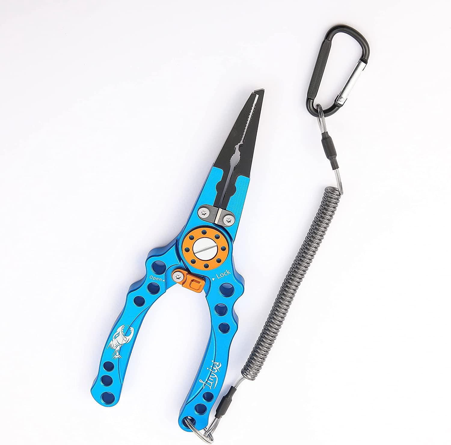 Fishing Pliers,Saltwater Resistant Fishing Accessories,Upgraded  Multi-Purpose Fishing Tools Set,Hook Remover Split Ring Pliers with Sheath  and Lanyard, Ice Fishing Gear,Fishing Gifts for Men Blue