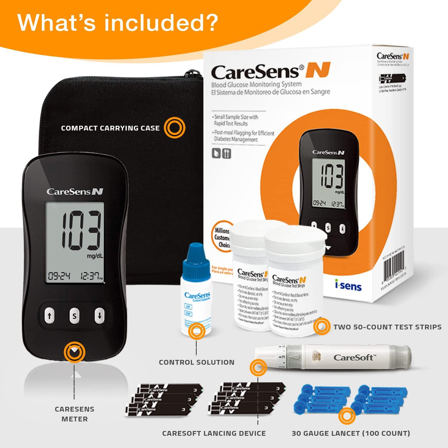 CareSens N Plus Bluetooth Blood Glucose Monitor Kit with 100 Test Strips,  100 Lancets, 1 Blood Glucose Meter, 1 Lancing Device, Travel Case for