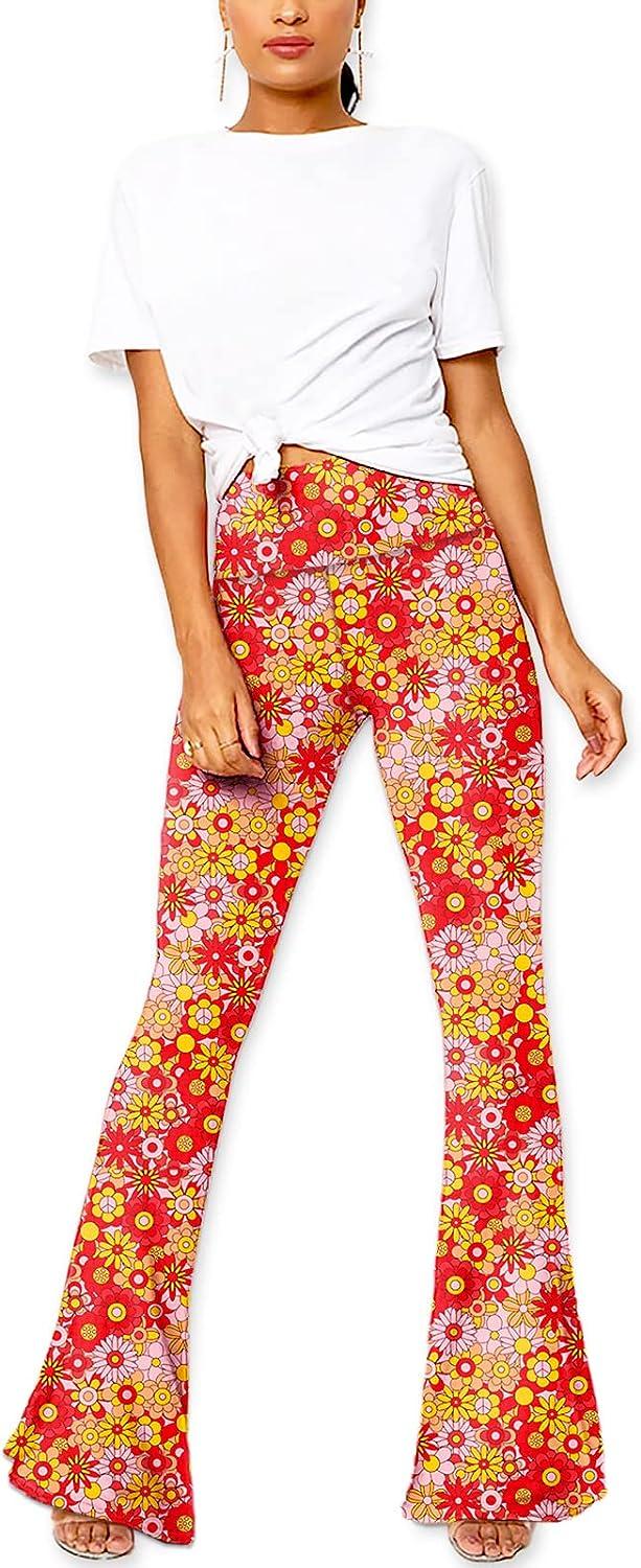 Deerose Girls Bell Bottom Floral Print Stretch Hippie Pants High Waist  Flare Pants 5-14 Year