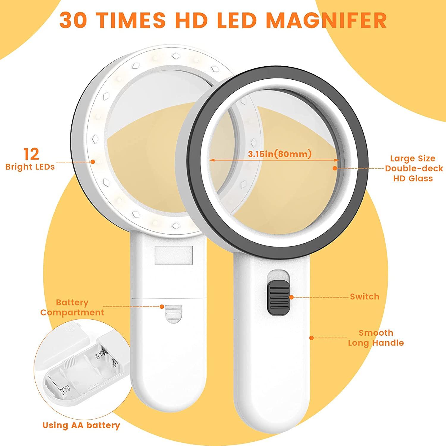 Weswose Magnifying Glass with 18led Lights, 30X Handheld Large Illuminated Magnifier, Reading Magnifying Glass with for Seniors Read, Coins, Stamps