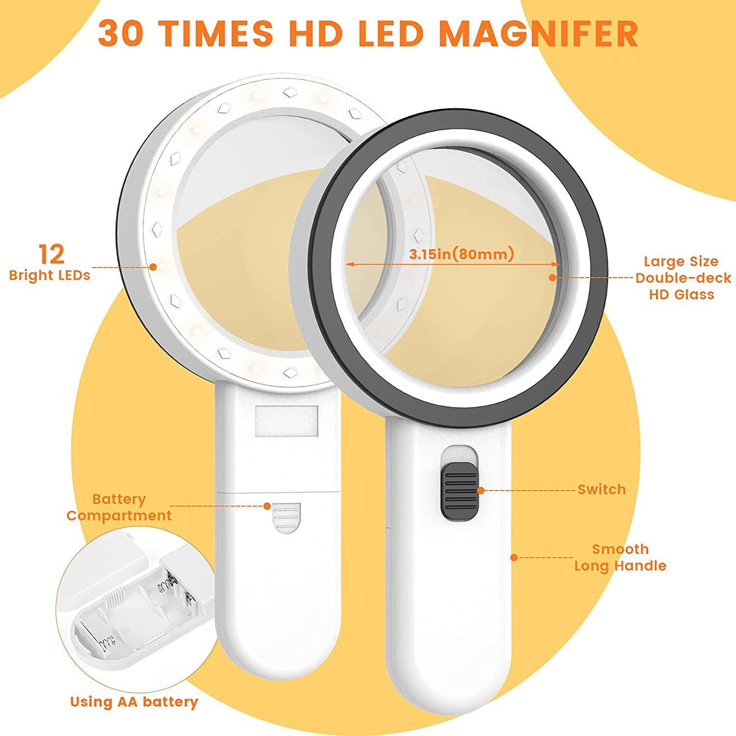 AIXPI Magnifying Glass with Light, 30X Handheld Large Magnifying Glass 12  LED Illuminated Lighted Magnifier for Macular Degeneration Seniors Reading  Inspection Coins Jewelry