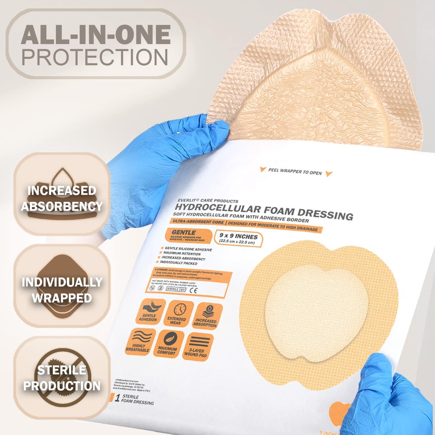 EVERLIT Sacrum Silicone Foam Dressing 9x9 inch Pack of 5 Absorbent