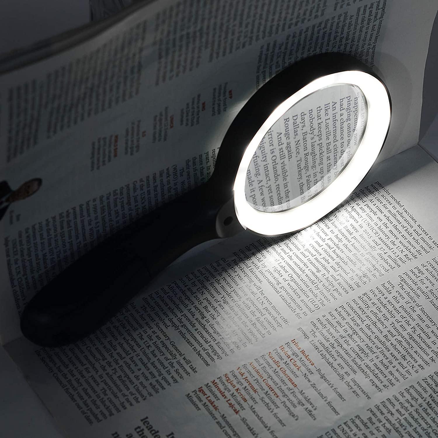 10X Lighted Magnifier Handheld Illuminated Lighted Magnifier 12 LED Light Large  Magnifying Glass with Light Portable for Reading