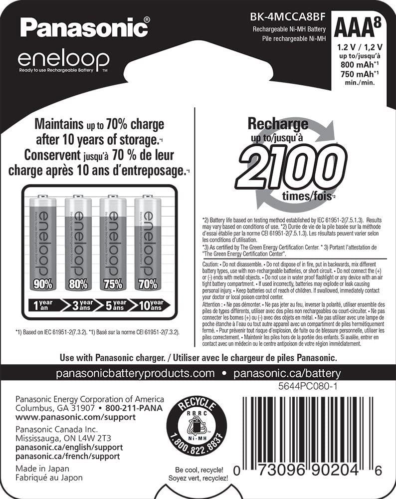 Panasonic BK-4MCCA8BA eneloop AAA 2100 Cycle Ni-MH Pre-Charged Rechargeable  Batteries, 8-Battery Pack 1 Count (Pack of 1) Batteries