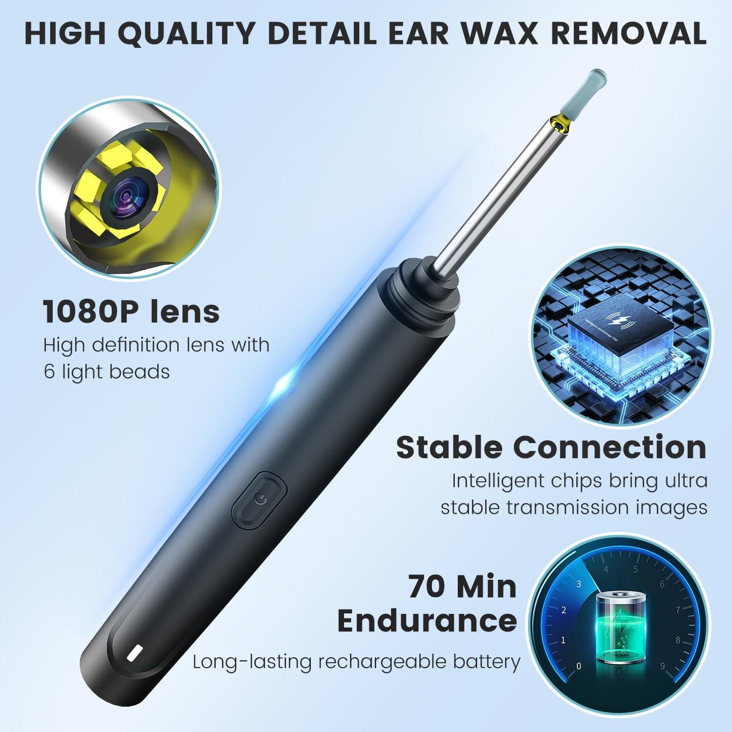 Ear Wax Removal Ear Cleaner with Camera 1080P HD Wireless Ear Otoscope with  6 LED Lights Earwax Remover Kit with 8 Pcs Ear Set Ear Wax Remowal Tool for  iPhone iPad Android Phones