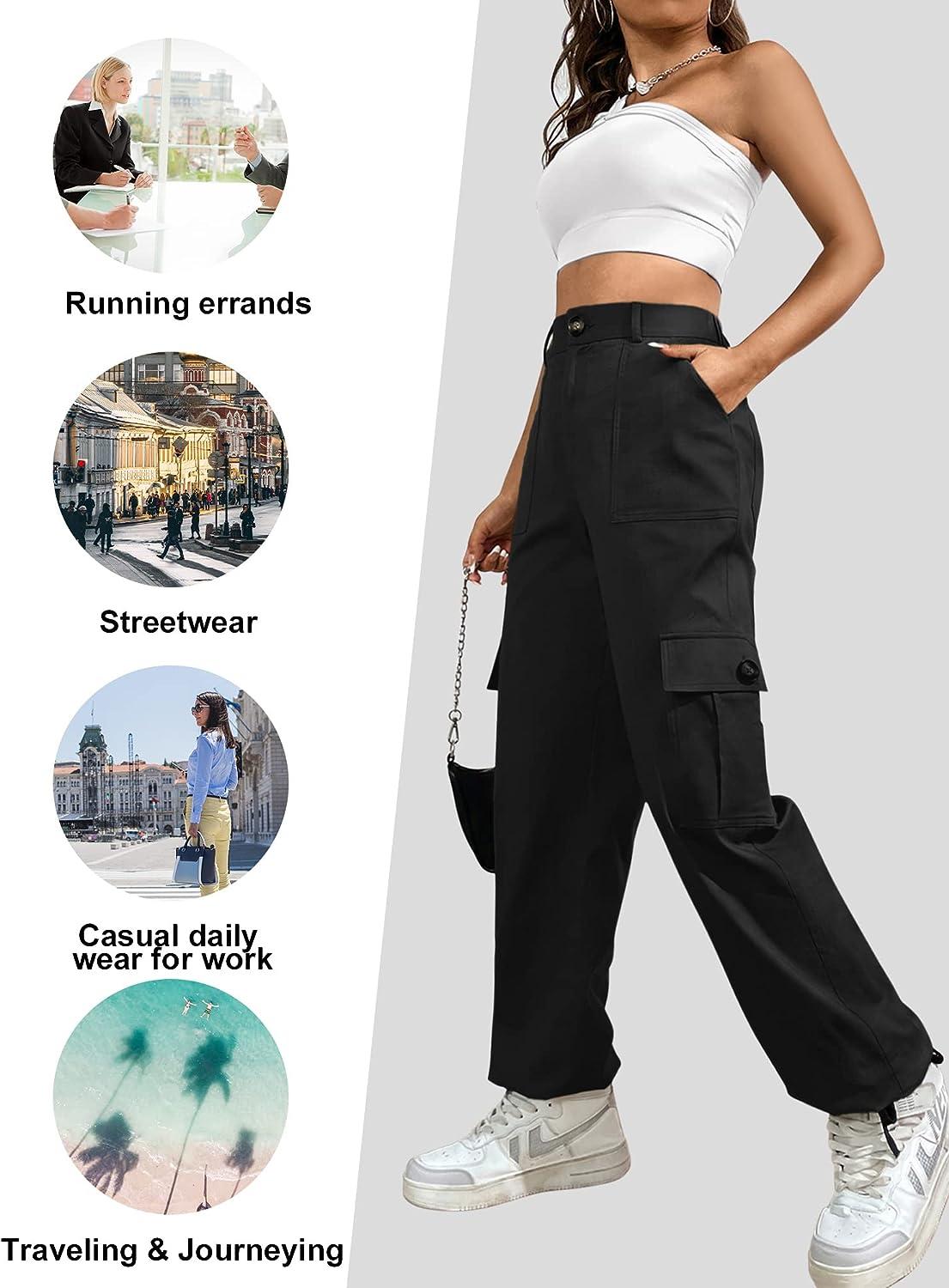 LOLOCCI Cargo Pants for Women High Waisted Travel Tactical Streetwear Casual  Pants with 6 Pockets Drawstring Ankle Cuffs Black Medium