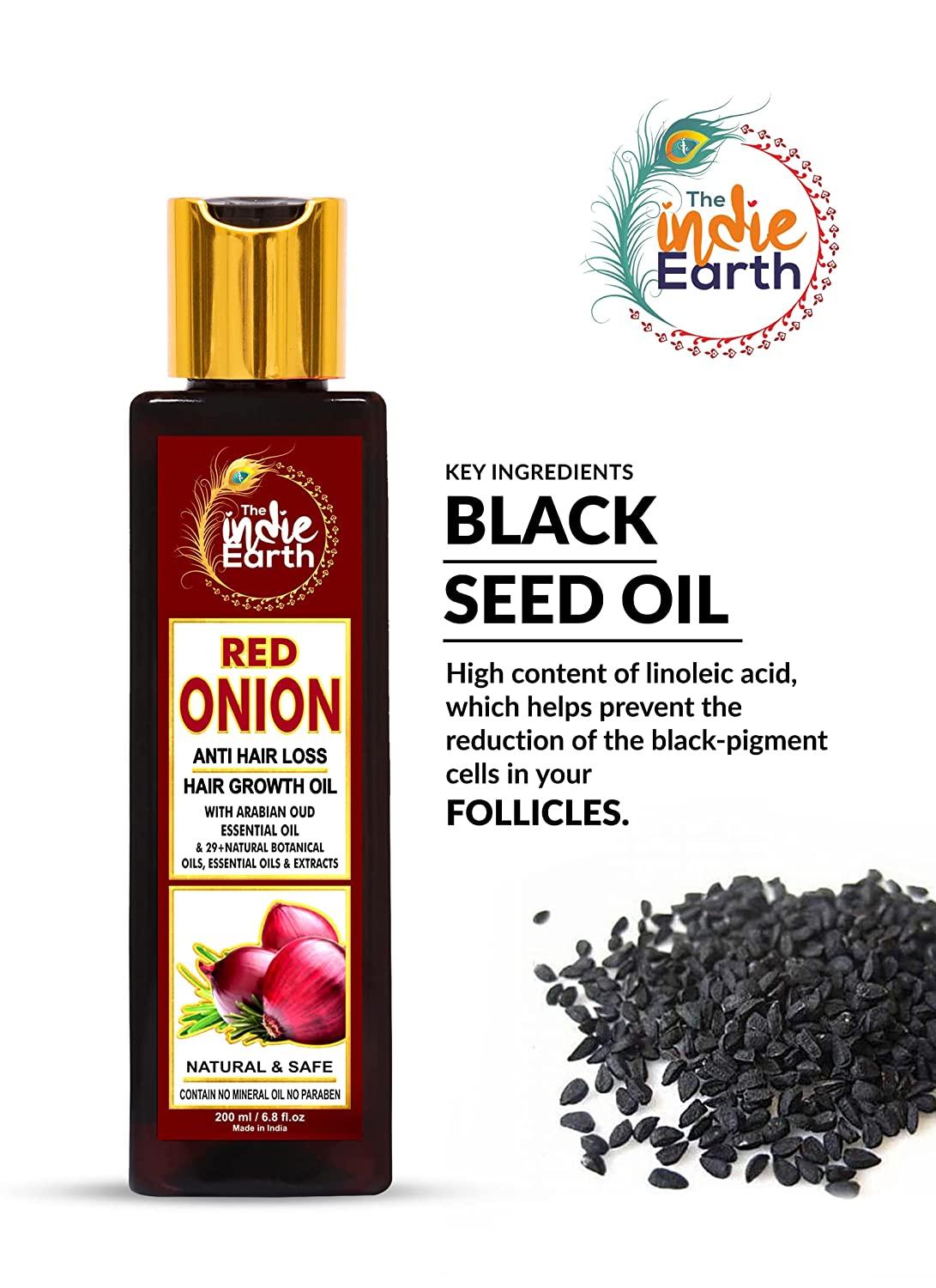 THE INDIE EARTH RED ONION ANTI HAIR LOSS & HAIR GROWTH OIL WITH PURE ARGAN,  JOJOBA, ROSEMARY, BLACK SEED OIL IN PUREST FORM VERY EFFECTIVELY CONTROL HAIR  LOSS, PROMOTES HAIR GROWTH 200ml