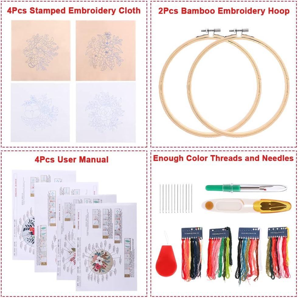 Bonroy 4 Sets Embroidery Kit for Beginners Art Craft Handy Sewing Include  Embroidery Clothes with Pattern, Hoops, Instructions,Color Threads Needle