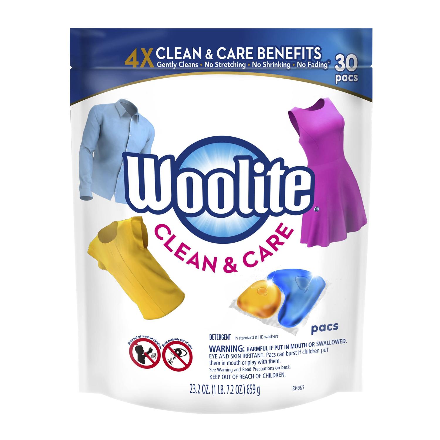 Woolite Clean Care Pacs Laundry Detergent 30 Count, for Standard and