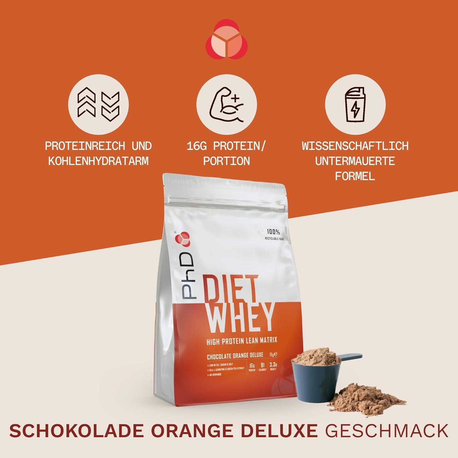 PhD Diet Whey Protein Powder  Chocolate Orange, 17g Protein, 40 Servings,  1 Kg  Lean Matrix Formula Chocolate Orange Protein Supplement