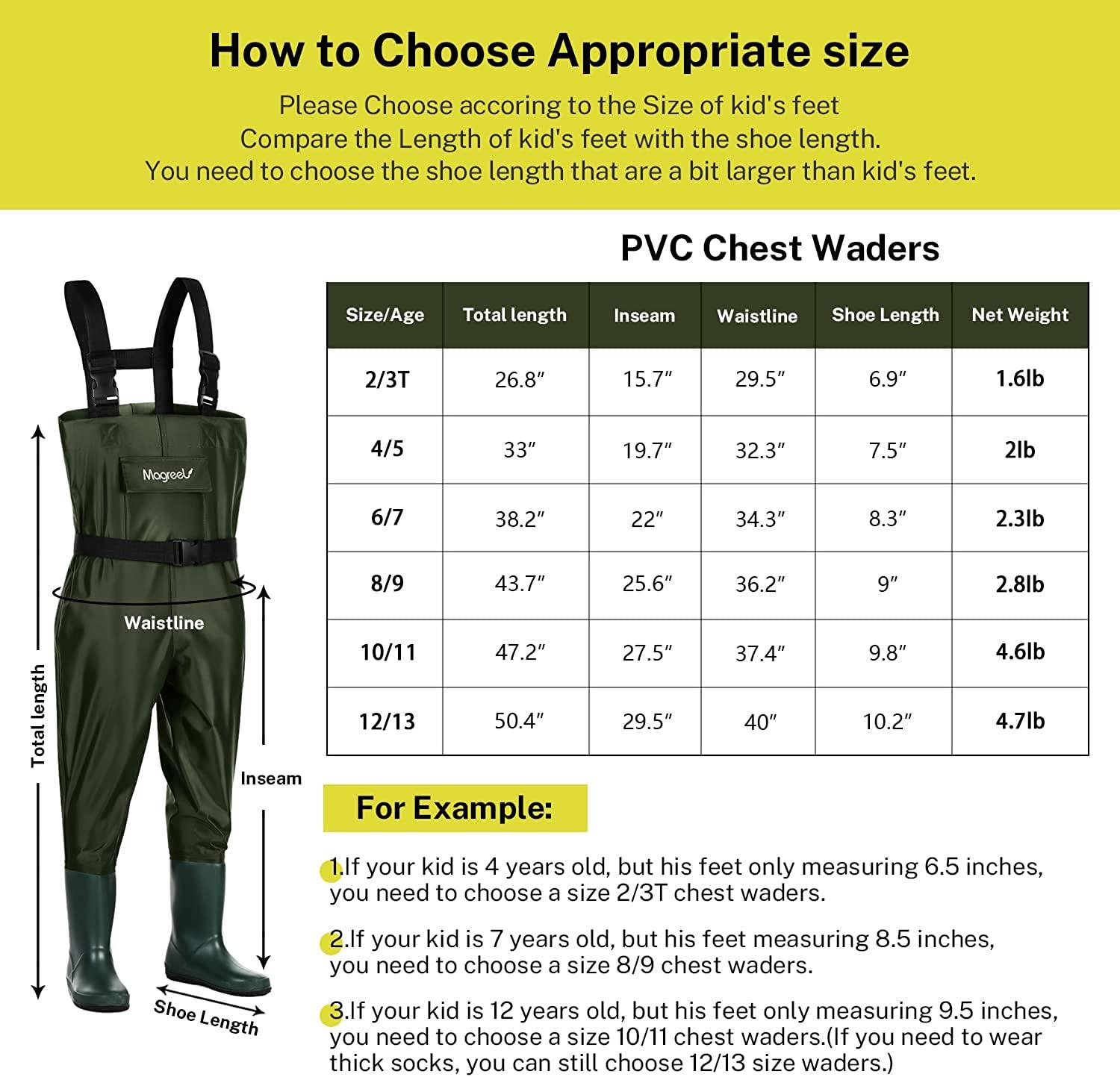 Magreel Child Chest Waders Waterproof Nylon/PVC Youth Waders with Boots  Fishing & Hunting Waders for Toddler Children Boys Girls 12/13 year old big  child