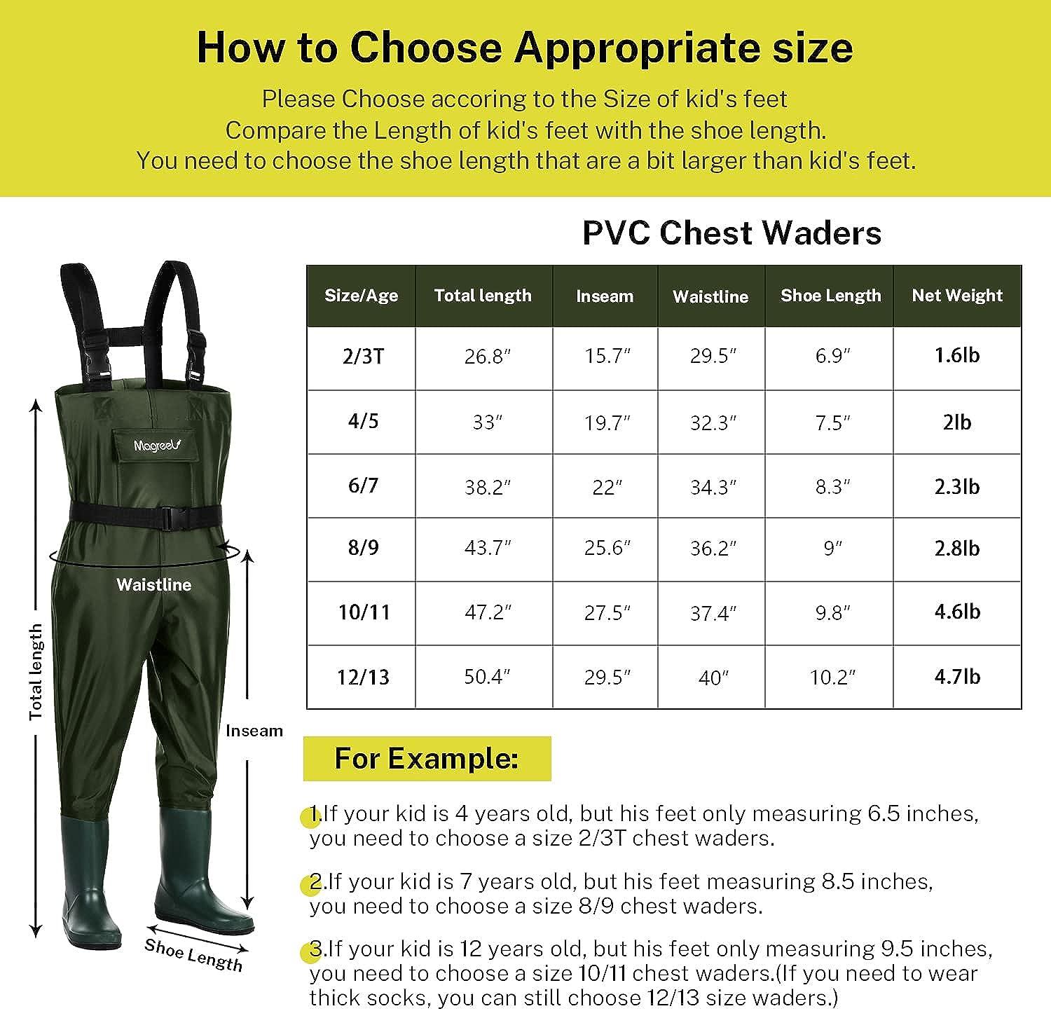 Magreel Child Chest Waders Waterproof Nylon Youth Waders with Boots Fishing  & Hunting Waders for Toddler Children Boys Girls US 10/11