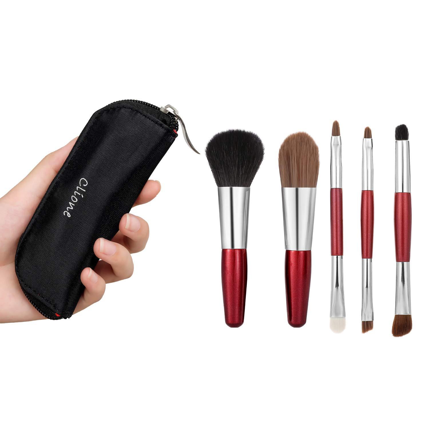 Protable Mini Makeup Brushes Set with Travel Case 5PCS Cosmetic Brushes  Kit(Natural and Synthetic Hair)-Includes  Foundation-Contouring-Blending-Blush And Eyeshadow Brushes(Travel Size) Red