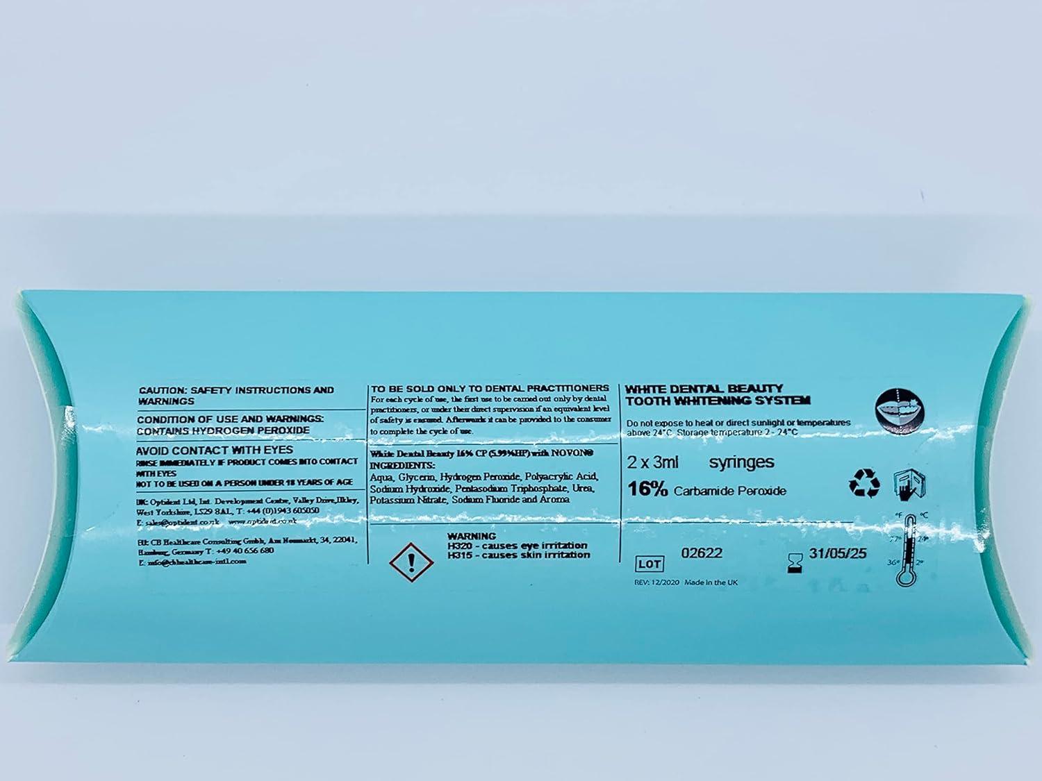 White Dental Beauty 16 Carbamide Peroxide Mint Teeth Whitening Gel 2 3ml Syringes 2 Pack