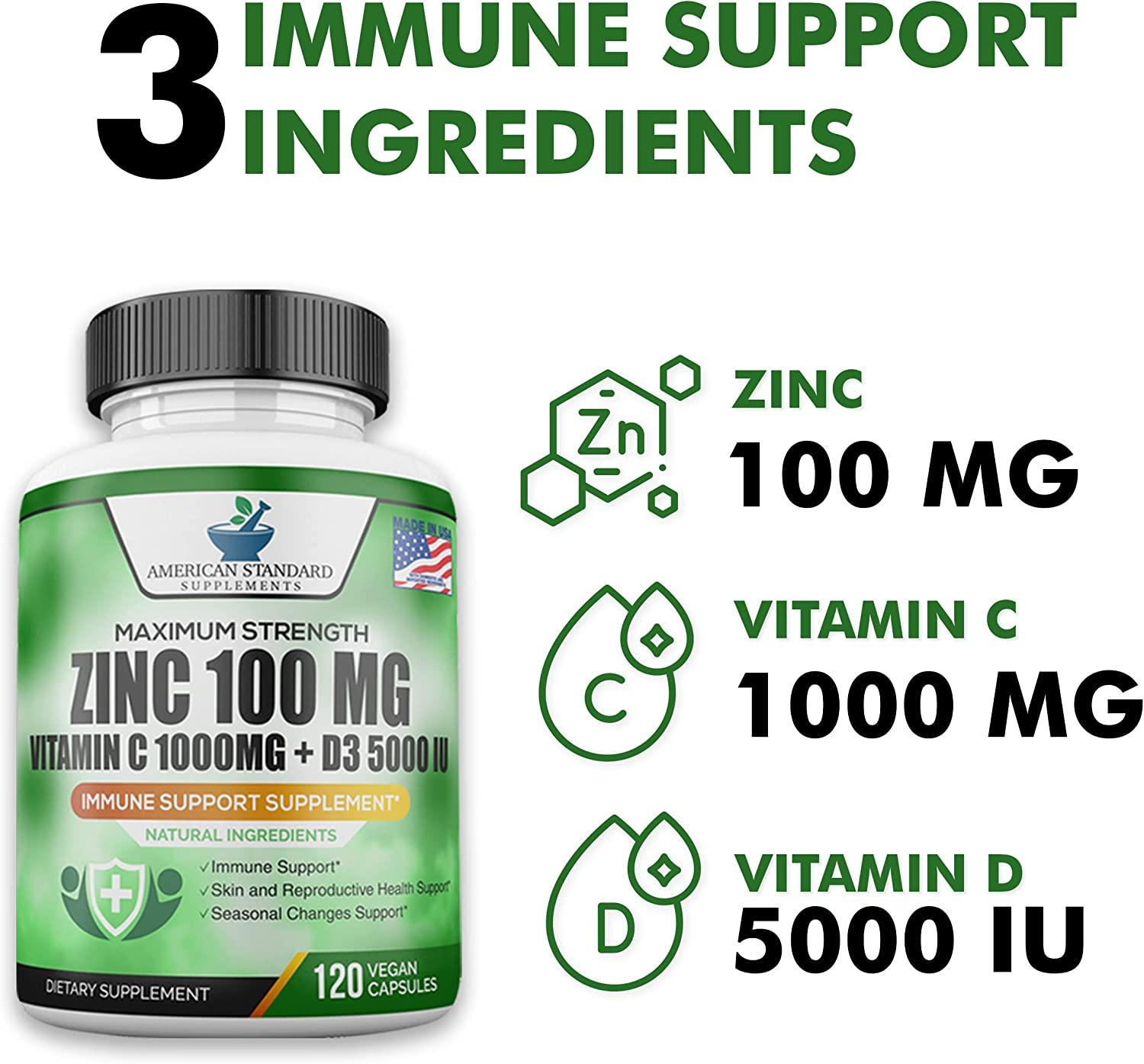 Zinc 100mg Vitamin C 1000mg Vitamin D 5000IU per Serving Immune Support