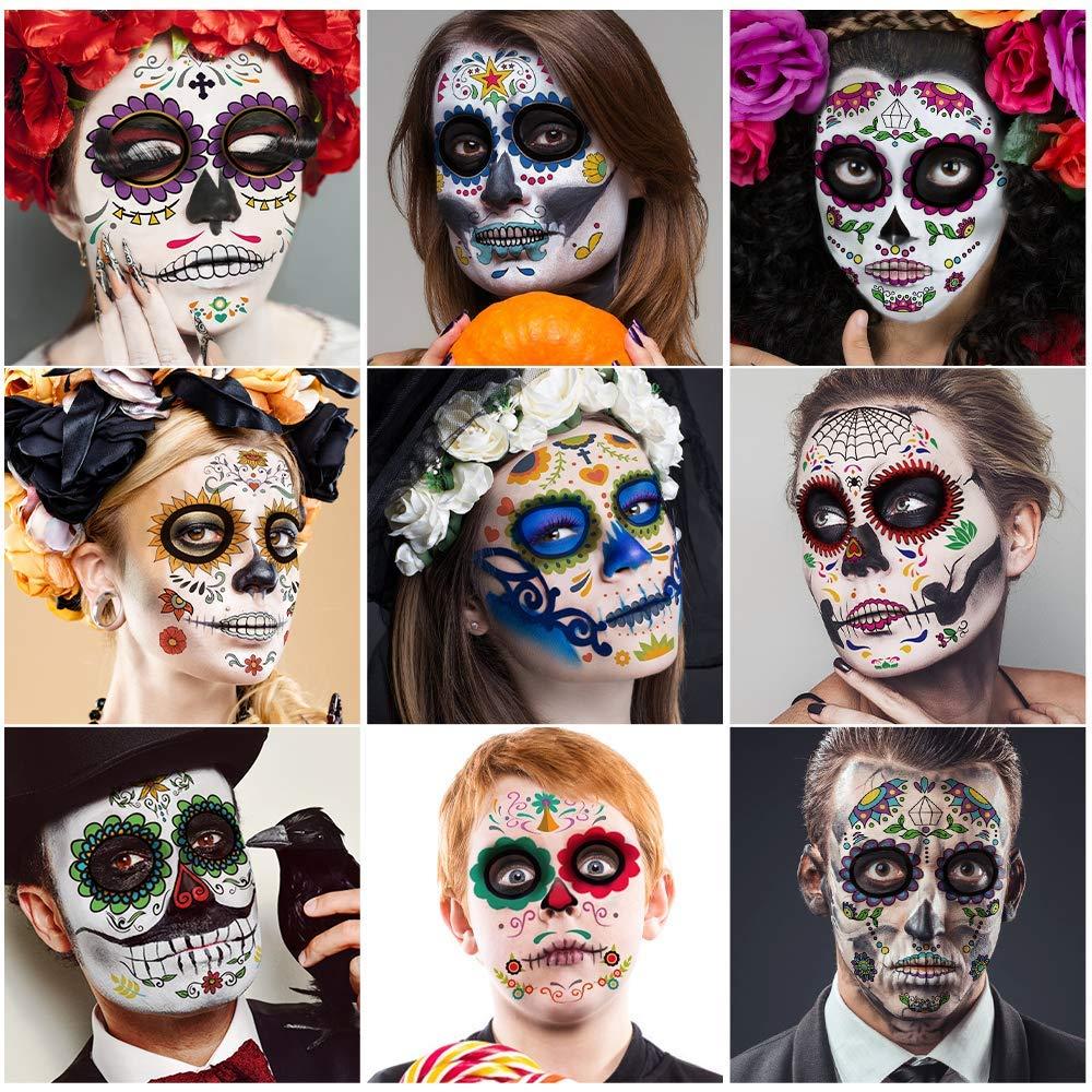 Day of the Dead Face Skeleton Tattoos/Dia De Los Muertos, Halloween  Temporary Sugar Skull Costume Makeup Tattoos for Women/Men/Adults, 10  Sheets Floral Rose Party Costume Stickers Decor Match Catrina