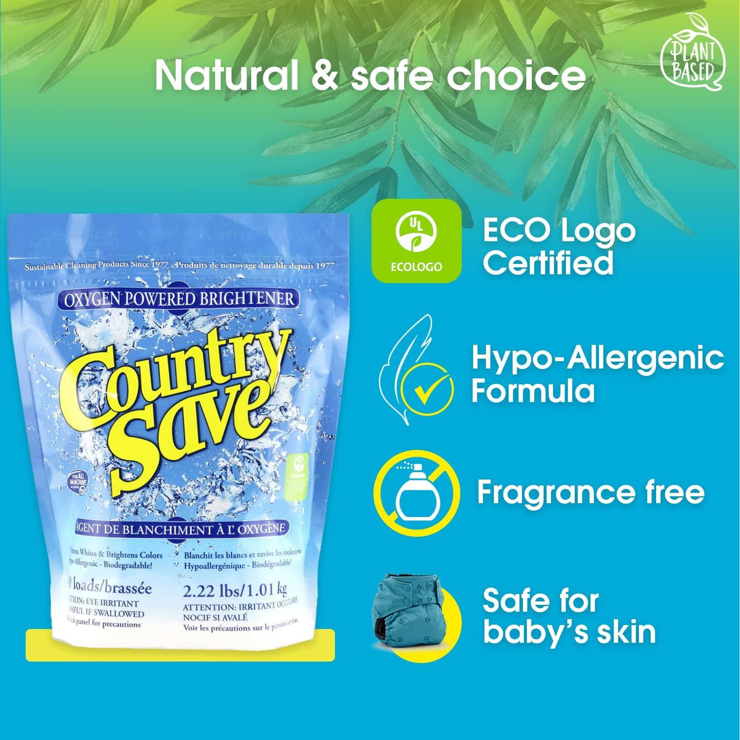 Country Save Oxygen Powered Brightener - Color Safe Bleach Laundry Whitener  - Hypo-Allergenic Powder Bleach Cleaner for Whites and Colored Garments -  Resealable Pack, 40 wash loads