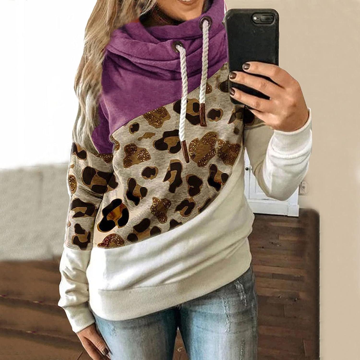 Ladies Casual Leopard Printed Hooded Top Splice Long Sleeve Sweatshirt  Pullover Anime Shirt Under 10 Dollars Hot Pink 3X-Large