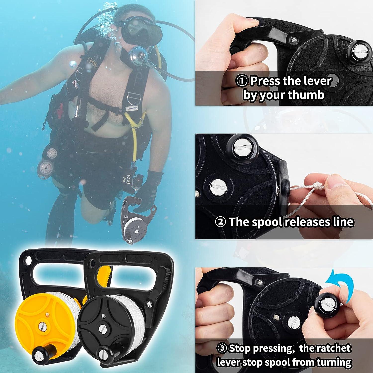 Diving Reel with Thumb Stopper, Heavy Duty 46m/150ft White Line SMB Scuba  Ratchet Dive Reel with Handle Stop Switch for for Cave, Wreck,Drift  Diving,Kayak Anchorand More Underwater Activities Black
