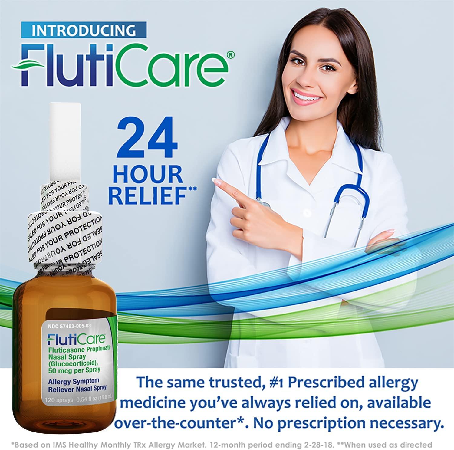 FlutiCare 120 Metered Nasal Sprays (3 Pack) Fluticasone Propionate 50mcg Allergy Relief for