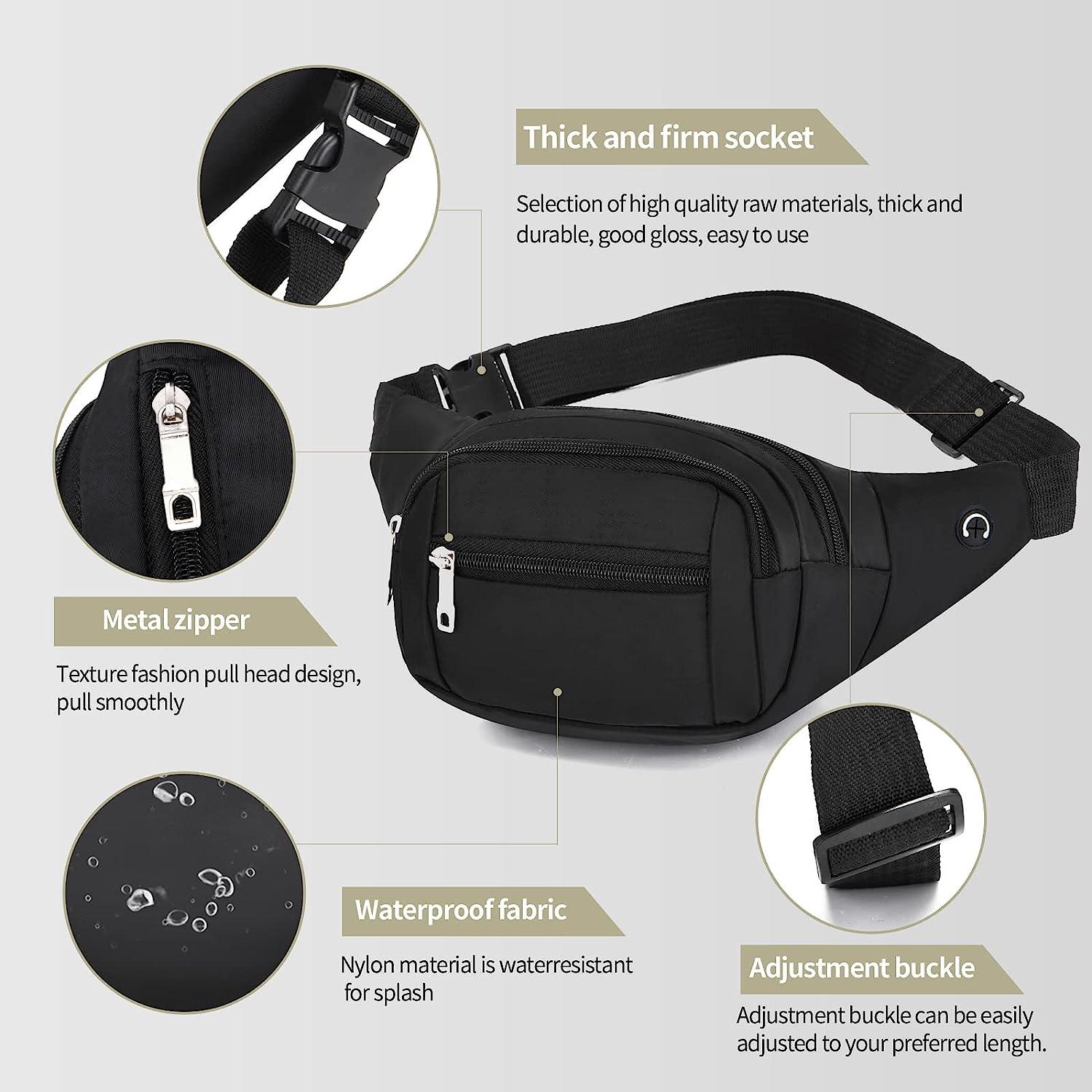 Fanny Packs For Women Men, Belt Bag with Headset Hole Key Rope Card Holder,  Fashionable Black Waist Bag with Adjustable Strap for Running Hiking